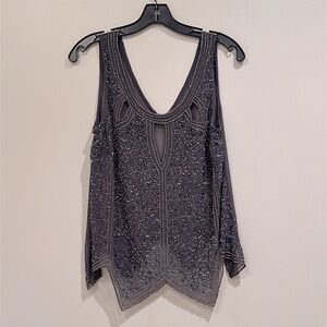 FORA beaded cutout sheer sleeveless tank shirt top gray handkerchief cut